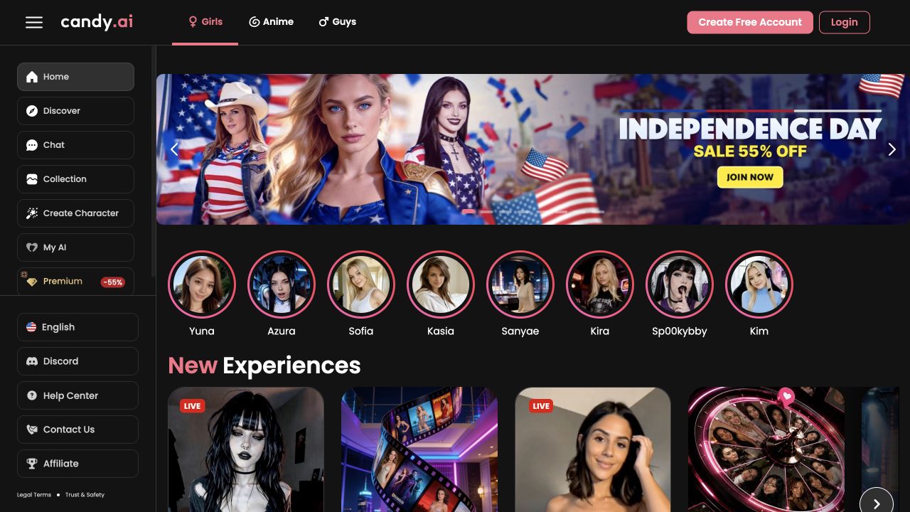 Page d’accueil de Candy AI avec son catalogue de personnages